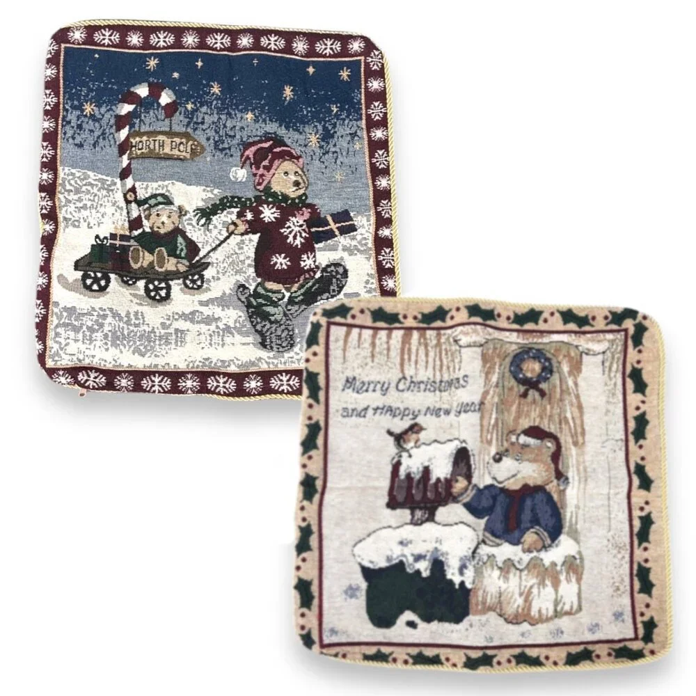 Set of 2 Vintage Christmas Teddy Bear Tapestry Square Pillow Covers Holidays